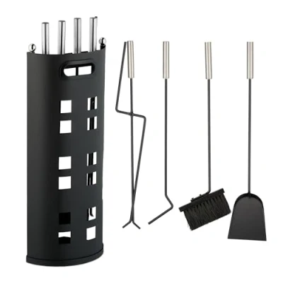 Imagen de Relaxdays Juego de 5 Utensilios Color Negro Accesorios Chimenea, Piezas, Set Estufa con Atizador, Pinzas, Escoba, Pala y Soporte, Moderno, Acero Inoxidable, 61 x 22 15 cm