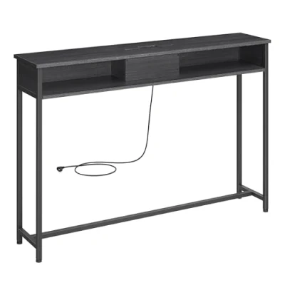 Imagen de VASAGLE Mesa de Consola Delgada con Multienchufe, sofá 2 Compartimentos, Carga Oculta, Ahorro Espacio, 25 x 120 81 cm, Entrada, Salón, Gris Ahumado y Negro Tinta LNT111B01