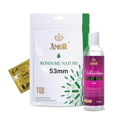 Imagen de Lote de preservativos AMOR Premium y Gel lubricante: compañeros ideales para el buen sexo. 100 Nature, Ø 53 mm + Play med Vibratissimo 250 ml