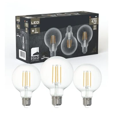 Imagen de Eglo set de 3 lámparas filamento LED con casquillo E27, bombillas vintage Edison transparentes, 4 vatios cada una, globo blanco neutro, 4000 K, 470 lúmenes, bombilla retro G80, Ø 8 cm