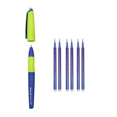 Imagen de Pelikan Erase 2.0, Penna Cancellabile Ergonomica Roller, Inchiostro Blu, Set Penne per Destrimani e Mancini, Cancellabili la Scuola, Ricaricabile, 7 Refill Inclusi