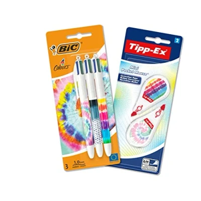 Imagen de BIC Tie Dye Desk Set con 4 Colores Decors Bolígrafos y Cinta Correctora Mini Pocket Mouse Diseños Surtidos, Paquete de 3+2
