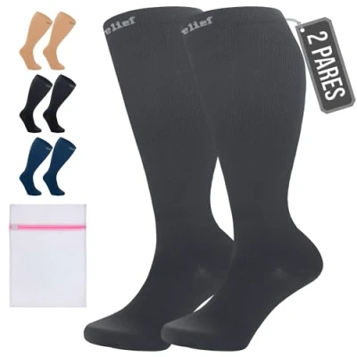 Imagen de 360 Relief Medias de Compresión para Mujeres y Hombres 2 Pares Tallas Grandes Calcetine Deportes, Correr, Volar, Viaje, Trabajo, Footing 4XL Gris con Bolsa Malla