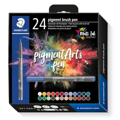 Imagen de Staedtler Brush pen pigment Arts, tinta de dibujo premium, punta pincel para ancho línea variable, impermeable, secado rápido, 24 rotuladores en colores surtidos estuche cartón, 371 C24 1