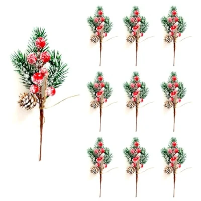 Imagen de RXXR 10 piezas de bayas Navidad, tallos rojos, ramas pino perenne, conos artificiales acebo, adornos artesanales, copos nieve, púas