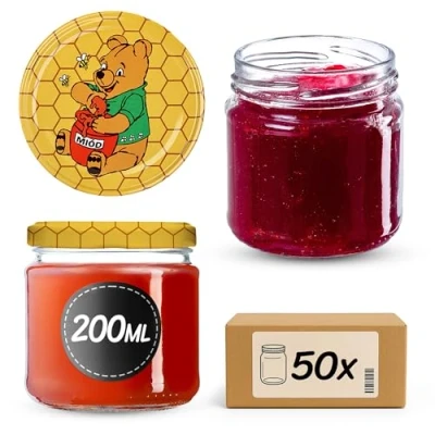 Imagen de KADAX Tarros Pequeños de 200 ml, Botes Cristal con Tapa Hermética 66 mm para Miel, Conservas, Especias y Mermeladas (50 Unidades, Winnie the Pooh)