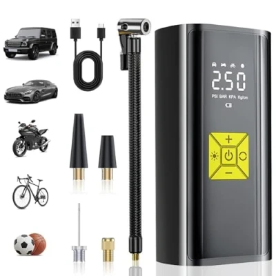 Imagen de Compresor Aire Portatil, 150 PSI Inflador Ruedas Coche, Hinchador Electrico con Pantalla Digital y luz LED, Adecuado para coches, Motos, Bicicletas, Anillo de Natación, PelotasEtc