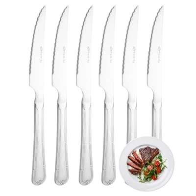 Imagen de YS FAMILY Pack 6 Cuchillo de Carne Acero Inoxidable Diseño Flor, Elegancia y Funcionalidad para Cada Ocasión, Cubiertos Alta Gama Hogar Restaurante, 21.5x2CM