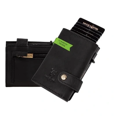 Imagen de MATADOR Slim Wallet London tarjetero de piel Con POP UP compartimento para monedas y protección RFID Mini monedero pequeño Tarjetas pequeñas paquete regalo, Negro ,