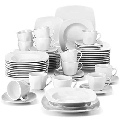 Imagen de MALACASA Vajillas Completas Modernas Porcelana, 60 Piezas para 12 Personas con Platos llanos, de Postre, hondos, Taza Café y Platillo, Blanco, Serie JULIA