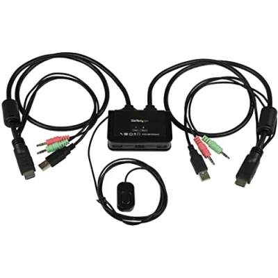 Imagen de StarTech.com SV211HDUA Switch conmutador KVM de 2 Puertos HDMI USB Audio Mini Jack con Cables Integrados (sin alimentación Externa, 1080p), Negro