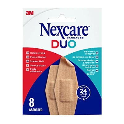 Imagen de Nexcare Tiras Adhesivas DUO, Tamaños Variados, 8 Apósitos por Paquete, Remoción sin Dolor, Resistentes al Agua para Heridas y Rasguños Menores, Kits de Primeros Auxilios