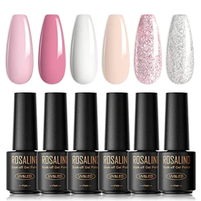 Imagen de ROSALIND esmalte de uñas semipermanente, 6 Colores Mini Blanco Rosa Plata Brillante Pintauñas Gel Manicura Nail Art Lote Soak Off UV LED