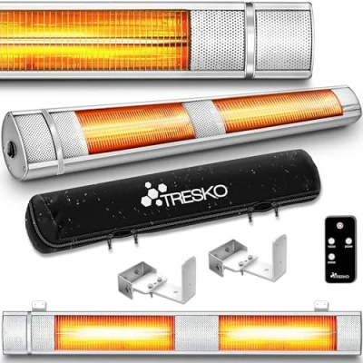 Imagen de TRESKO Calefactor por Infrarrojos de Pared 3000W + Control Remoto Estufa Radiante con 3 Temperaturas Radiador Eléctrico para Exterior e Interior Calentador Cuarzo (Plateado)