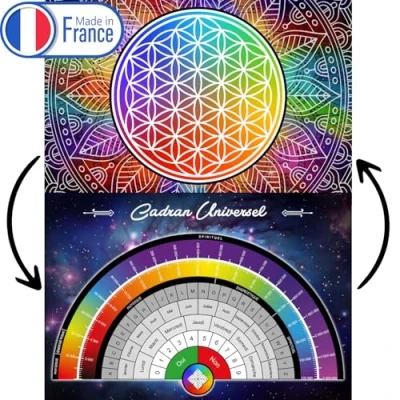 Imagen de Flor de la vida recarga las piedras (Recto) y esfera radiestesia universal (Verso): escala bovis, alfabeto, números, tamaño A4 1 tabla única laminada e impresa en Francia