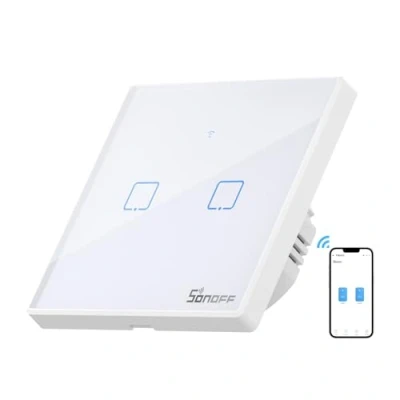 Imagen de SONOFF T2EU2C Interruptor Mural para Control de Luces Inalámbrico por RF Wi Fi Inteligente, Tipo 86 3 Canales Automatización Domótica, Compatible con Alexa, Google Home