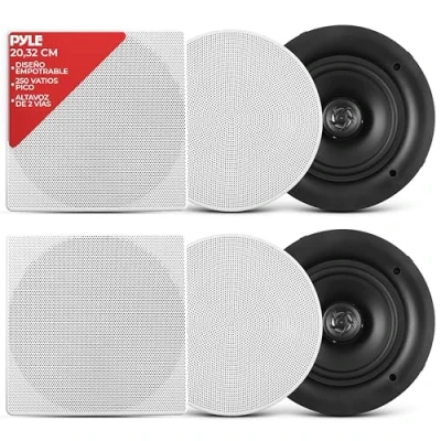 Imagen de Pyle PDIC106 Altavoces estéreo Dobles para Pared o Empotrado (10,0 Pulgadas, 250 W, 2 vías, Montaje Empotrado), Color Blanco Estándar con Cubierta Redonda y Cuadrada. Negro