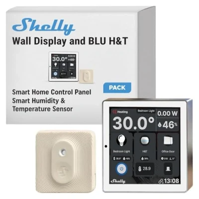 Imagen de Shelly Wall Display Blanco + Blu H&amp;T Marfil (Bundle) Pack de Inicio Control Inteligente y Monitorización Ambiental WLAN Bluetooth Termostato Relé 5 A integrado Conductor Neutro