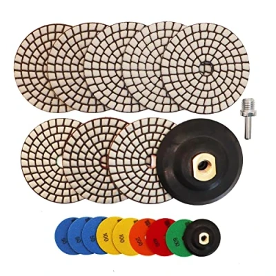 Imagen de HIGHDRIL Almohadillas Pulido Diamante Seco 8pcs(#50x3/#100x2/#200/#400/#800) con M14 Soporte Goma + Adaptador Lijado 100MM para Granito Piedra Mármol Amoladora Pulir Kit