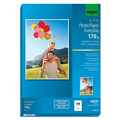Imagen de SIGEL IP715 Papel fotográfico Everyday para impresoras InkJet, tamaño A4 (21 x 29,7 cm), alto brillo, 170 g, 100 hojas