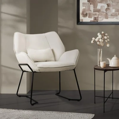 Imagen de ML Design Sillón de Salón, Beige Asiento Reclinable Comedor con Respaldo Extraíble y Reposabrazos Diseño Ergonómico Mueble Tapizado Funda Lino Cojín Taburete Patas Metal Negro