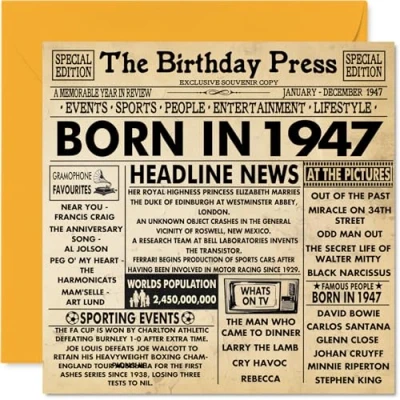 Imagen de Tarjetas de cumpleaños número 77 para hombres y mujeres Born In 1947 Newspaper Tarjeta feliz abuelo, abuela, vintage, retro en 1947, 145 mm x mm,