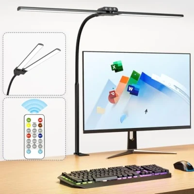 Imagen de KableRika 12W Lámpara de Escritorio con mando a distancia, Flexo LED Doble Cabezal, luz Arquitecto Regulable, monitor Temporizador, para Oficina en el Hogar Blanco