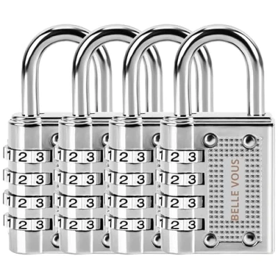 Imagen de Belle Vous (Pack de 4) Candado Combinacion 4 Dígitos Plateado Taquilla Gimnasio con Grillete 4,1 x 1,4 8 cm Seguridad Impermeable Interior/Exterior Para Portón o Puerta