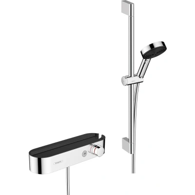 Imagen de hansgrohe Pulsify Select S Juego de ducha con cabezal ducha, riel 90 cm, manguera y soporte para alcachofa, mano 3 pulverizadores (incluye PowderRain), cromado,
