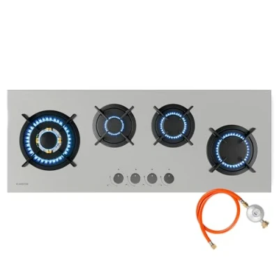 Imagen de Klarstein Goldflame 4 Slim Placa de Gas, Quemadores Latón, Encendido SnapJet, Protección Contra Fallo Llama, Acero Inoxidable, Apta para Gas Natural y GLP, Incluye Manguera Reductor