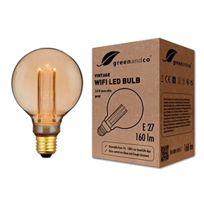 Imagen de greenandco® Bombilla LED inteligente WiFi con app (no requiere hub) Vintage E27 G95, 3,8W 160lm 1800K 320 230V, sin parpadeo, regulable, compatible Alexa y Google Assistant