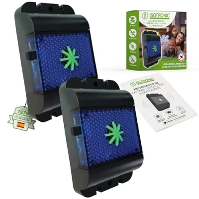 Imagen de ISOTRONIC Repelente ultrasónico de roedores funciona con pilas para interior y exterior contra ratones, ratas, martas, lirones, zorros mapaches animales salvajes luz LED azul