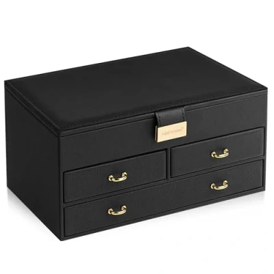 Imagen de AdelDream Joyero con 2 cajones organizador de joyas llave espejo estuche viaje extraíble para anillos pulseras pendientes forro terciopelo negro J11 1