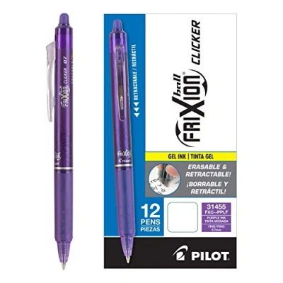 Imagen de Pilot FriXion Clicker Bolígrafos de tinta gel borrables, recargables y retráctiles, punta fina, morada, 12 unidades (31455)