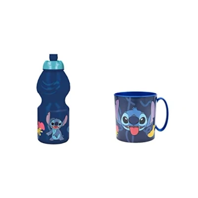 Imagen de ALMACENESADAN, 4797, Pack vuelta al cole stitch; compuesto por taza microondas 350ml y botella de agua 400 ml, producto reutilizable, sin BPA