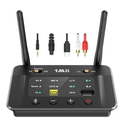 Imagen de 1Mii Transmisor Receptor Bluetooth 5.3 para TV a 2 Auriculares, Emisor Adaptador Audio HiFi con aptX LL/HD/AD/ESS DAC Chip Estéreo, Óptico/Jack 3,5 AUX(RCA), Largo Alcance