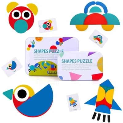 Imagen de BBLIKE Tangram Madera, 36 Montessori Puzzle de Madera + 60 PCS Diseño Tarjetas Apilamiento Juegos y Juguetes Educativos Clasificación la Infancia