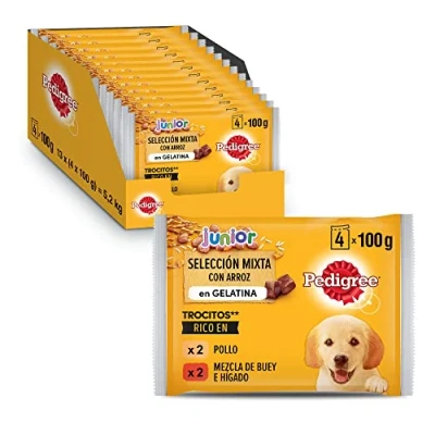 Imagen de Pedigree Comida húmeda para Perros Junior, Sabor Pollo y Buey con Arroz en Gelatina, Multipack (13 Packs x 4 bolsitas 100g)