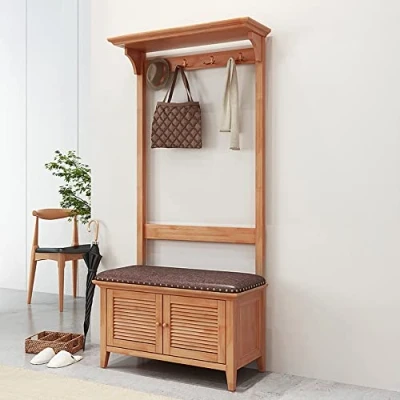 Imagen de Perchero de Pie con Zapatero, Entrada Madera, Zapatero para Recibidor 3 Estantes y 5 Ganchos Desmontables, árbol Abrigo 100x42x180cm, Marrón