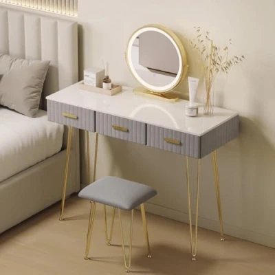 Imagen de WOLTU Tocador con Luz LED, Ajustable, Mesa Maquillaje Espejo y Taburete Acolchado, 3 Cajones Terciopelo, Juego Moderno, Fácil Montaje, Blanco+Gris, MB6108gr