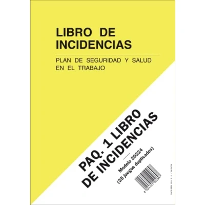 Imagen de PAQ. 1 LIBRO de INCIDENCIAS. Plan Seguridad y Salud en el Trabajo. A4, 25 folios duplicados numerados.