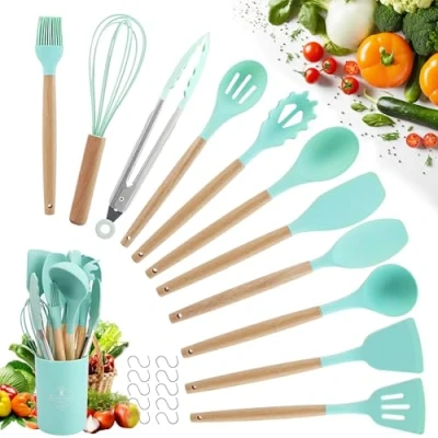 Imagen de Utensilios De Cocina Silicona Set 22 Piezas Paletas Cocina, Espatulas Cosas Juego Incluye 10 Ganchos (Verde)