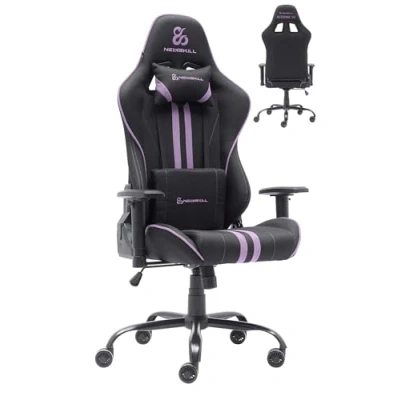 Imagen de Silla gaming Newskill Kitsune V2, Reposabrazos 2D, Hasta 136 kg, Tela Transpirable, Cojines Lumbar y Cervical, Reclinable en 180º, Morado