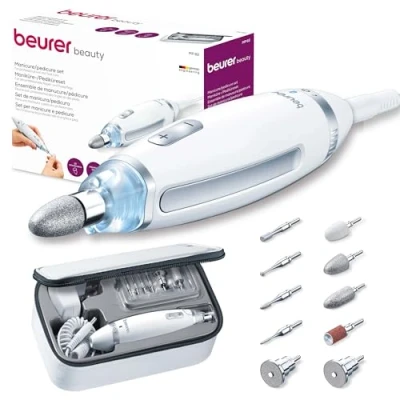 Imagen de Beurer MP 62 Set de manicura y pedicura, torno para uñas eléctrico con 10 accesorios alta calidad, luz LED, control velocidad infinitamente variable, bolsa almacenamiento