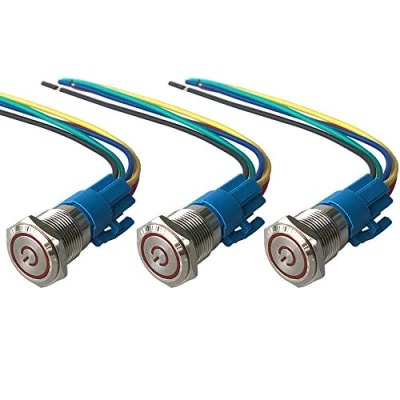Imagen de QitinDasen 3Pcs Premium 12V / 24V 5A Interruptor de Botón Autoblocante, 16mm Metálico, LED Rojo Pulsador Impermeable IP67 con Enchufe Cable