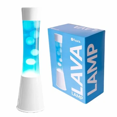 Imagen de Fisura Lámpara de lava blanca y azul años 70. Base color blanco, líquido blanca. efecto relajante. Medidas: 11 cm x 11cm 39,5 cm.