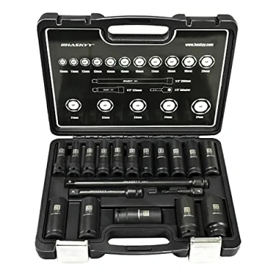 Imagen de HASKYY Juego de llaves impacto (10 27 mm, 1/2&quot;, 19 piezas, 2 x alargador 1/4 adaptador)