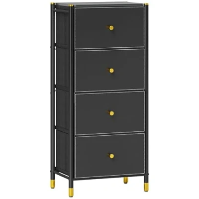 Imagen de HOMCOM Cómoda para Dormitorio Cajonera de Tela con 4 Cajones Plegables Frentes PU y Marco Acero Salón Negro