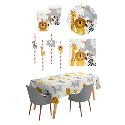 Imagen de Boland Juego de safari para decoración mesa, decoración, vasos papel, platos, servilletas, mantel, pajitas, cumpleaños, día del niño, animales