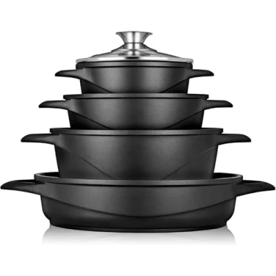 Imagen de briebe Batería Cocina Inducción 8 Piezas, Juego 4 Ollas Aluminio Fundido, Antiadherente ILAG GRANITEC sin PFOA, Set Cazuelas Tapas Cristal, Guantes Silicona, Vitrocerámica, Gas, Horno, MGK 17